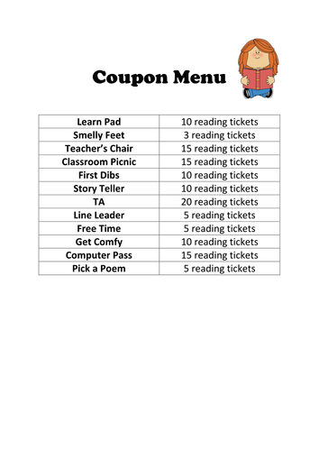 Classroom Coupons! Reading reward system.