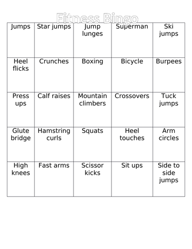 Fitness bingo cards