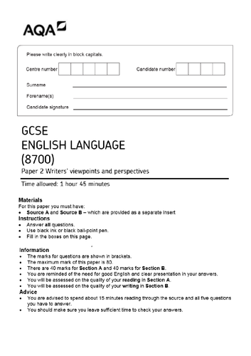 AQA English Language paper 2- mock exam | Teaching Resources