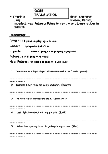 GCSE TRANSLATIONS ON 6 DIFFERENT TOPICS + 40  PHRASES TO PRACTISE TENSES