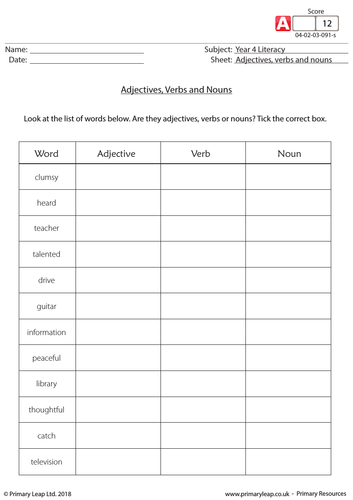 KS2 Resource - Identifying adjectives, verbs and nouns