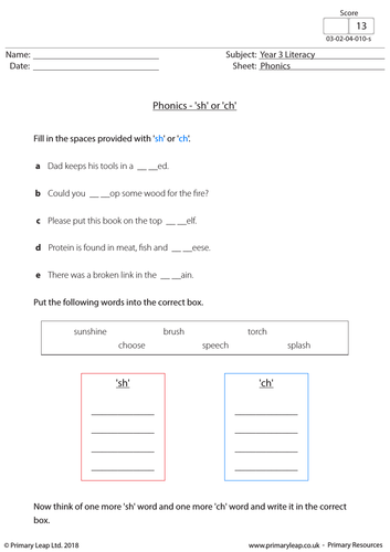 KS2 English Resource: Phonics - 'sh' or 'ch'?