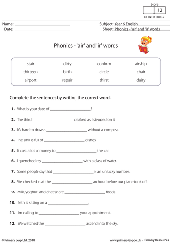 KS2 English Resource: Phonics - 'air' and 'ir' words