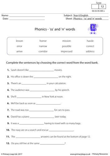 KS2 English Resource: Phonics - 'ss' and 'rr' words