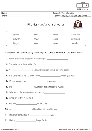 KS2 English Resource: Phonics - 'aw' and 'are' words
