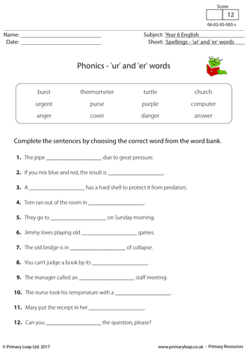 KS2 English Resource: Phonics - 'ur' and 'er' words