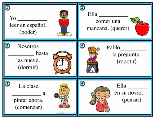 Spanish Task Cards: Stem Change Verbs - Shoe Verbs (Poder, Querer 