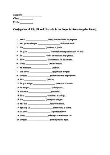 Spanish imperfect tense conjugation of AR and ER IR verbs no prep