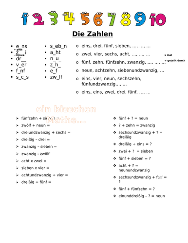 Die Zahlen, Numeracy worksheet