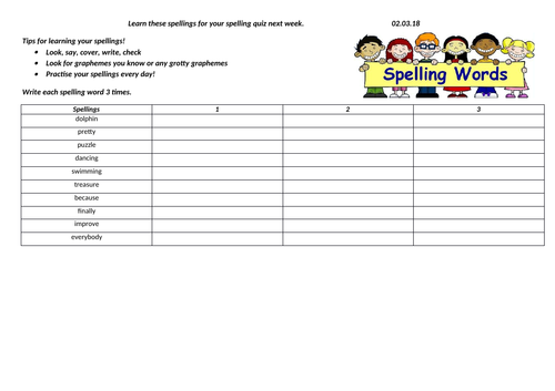 Spelling lists year 2 for 5 weeks differentiated