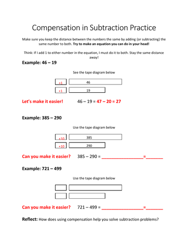 eureka math grade 2 compensation in subtraction worksheet teaching resources