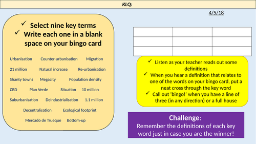 Changing Cities - key word bingo