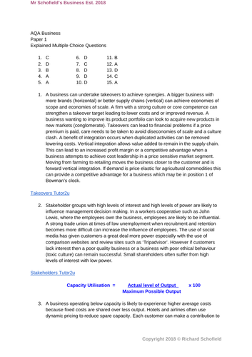 AQA A level Business Explained Answers to Paper 1 Multiple Choice Questions