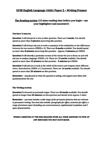 Gcse Aqa English Language Paper 2 Writing Frames And Top Tips Teaching Resources