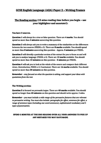 GCSE AQA English Language Paper 2 - Writing frames and Top Tips | Teaching Resources