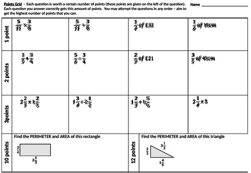 Calculations with fractions and mixed numbers - points grid
