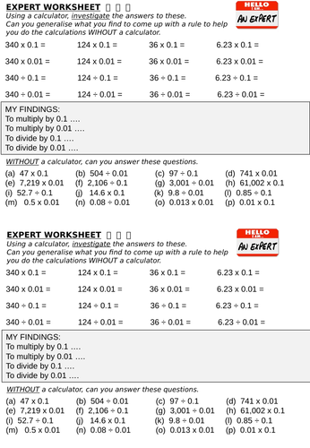 Multiplying and dividing by 0.1 and 0.01 - investigate and practice