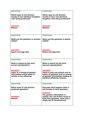 B6 Quiz Quiz Trade question cards (new spec inc. Biology only topics)