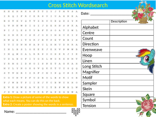 Cross Stitch Wordsearch Sheet Starter Activity Keywords Cover Textiles Design Technology