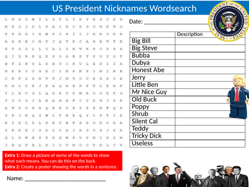 US President Nicknames Wordsearch Sheet Starter Activity Keywords USA History