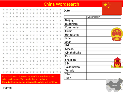 China Country Wordsearch Sheet Starter Activity Keywords Geography Countries
