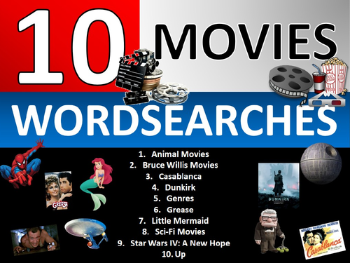 10 x Famous Movies Wordsearch Sheet Starter Activity Keywords Cover Media Studies