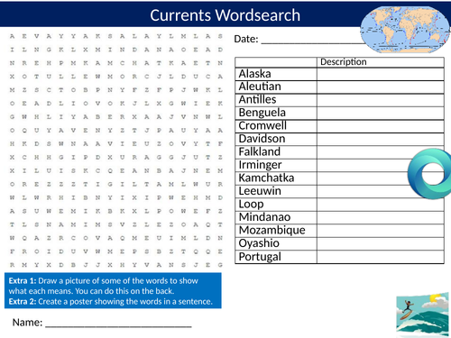 Sea Currents Wordsearch Sheet Starter Activity Keywords Cover Geography