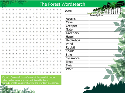 The Forest Wordsearch Sheet Starter Activity Keywords Cover Geography Nature