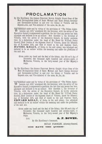 Proclamation by Governor George Bowen declaring Ned and Dan Kelly outlaws