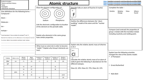 AQA chemistry triple/trilogy Paper 1 revision sheets with answers