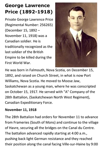 George Lawrence Price Last Canadian Soldier Killed in WW1 Handout