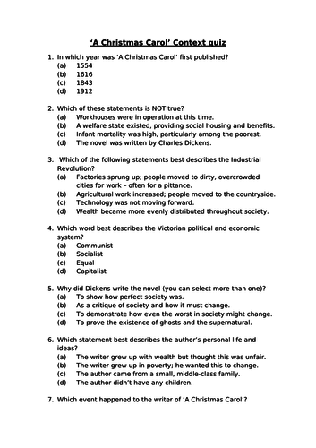 A Christmas Carol Context Multiple Choice Quiz With Answers Teaching Resources