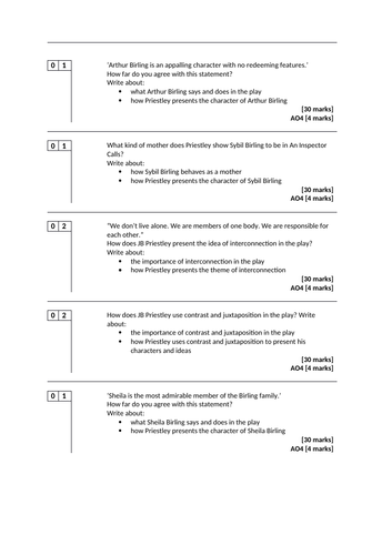 An Inspector Calls and Power & Conflict Mock 50+ exam style questions ...