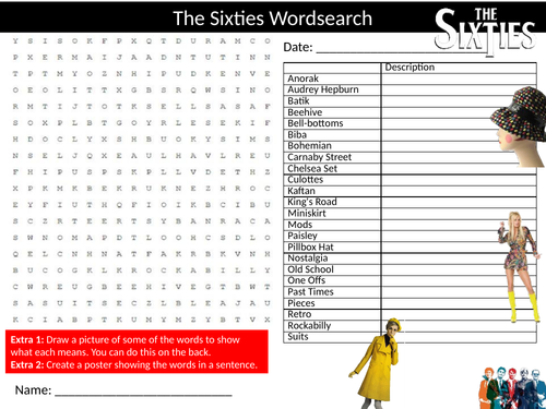 The Sixties Wordsearch Sheet Starter Activity Keywords Cover History Culture