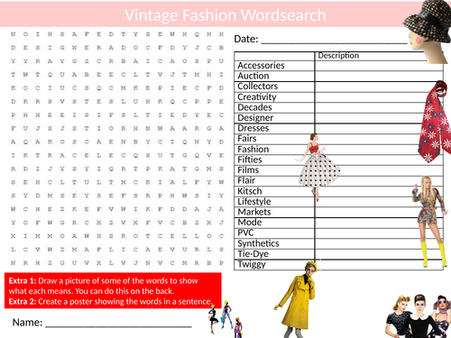 Vintage Fashion Wordsearch Sheet Starter Activity Keywords Cover History Culture