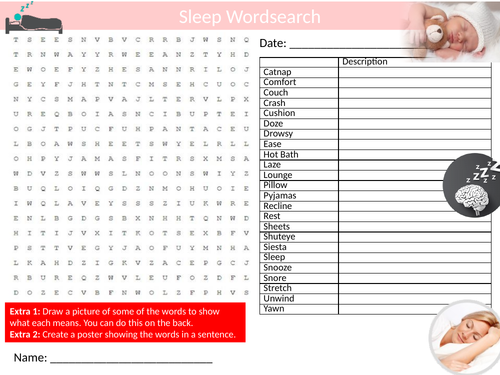 Sleep Wordsearch Sheet Starter Activity Keywords Cover Health and Wellbeing