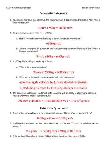 Momentum Worksheet with Answers | Teaching Resources