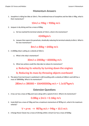 Momentum Worksheet With Answers