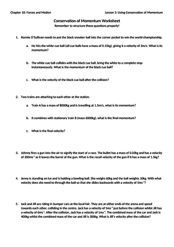 Conservation Of Momentum Worksheet With Answers Teaching Resources