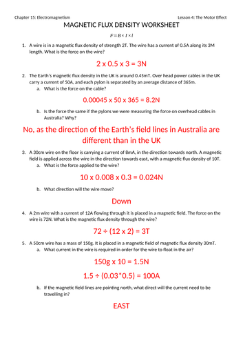 Magnetic Flux Density Worksheet with Answers
