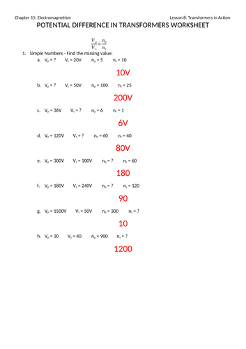 Potential Difference in Transformers Worksheet with Answers