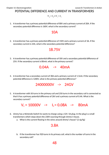 Current and Potential Difference in Transformers Worksheet with Answers