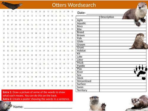 The Otter Otters Wordsearch Sheet Starter Activity Keywords Cover Animals Nature