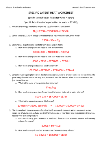 Specific Latent Heat Worksheet with Answers