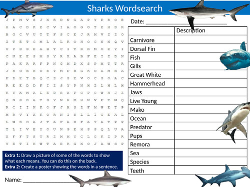 2 x Sharks Wordsearch Sheet Starter Activity Keywords Cover Animals Fish Nature