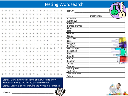 Chemistry Testing Wordsearch Sheet Starter Activity Keywords Cover Science