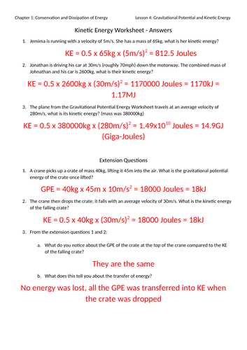 Kinetic Energy Worksheet with Answers