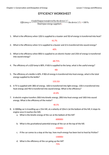 Energy and Efficiency Worksheet with Answers