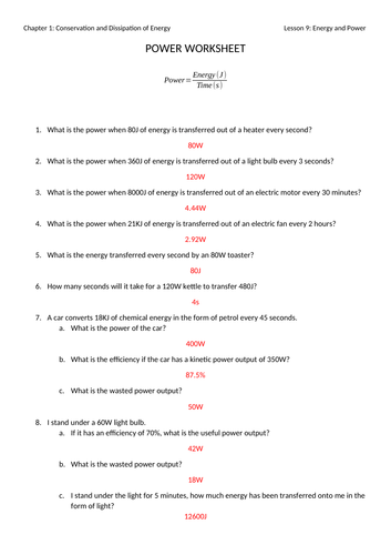 Power Worksheet with Answers