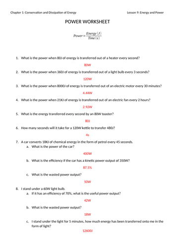 Power Worksheet With Answers Teaching Resources